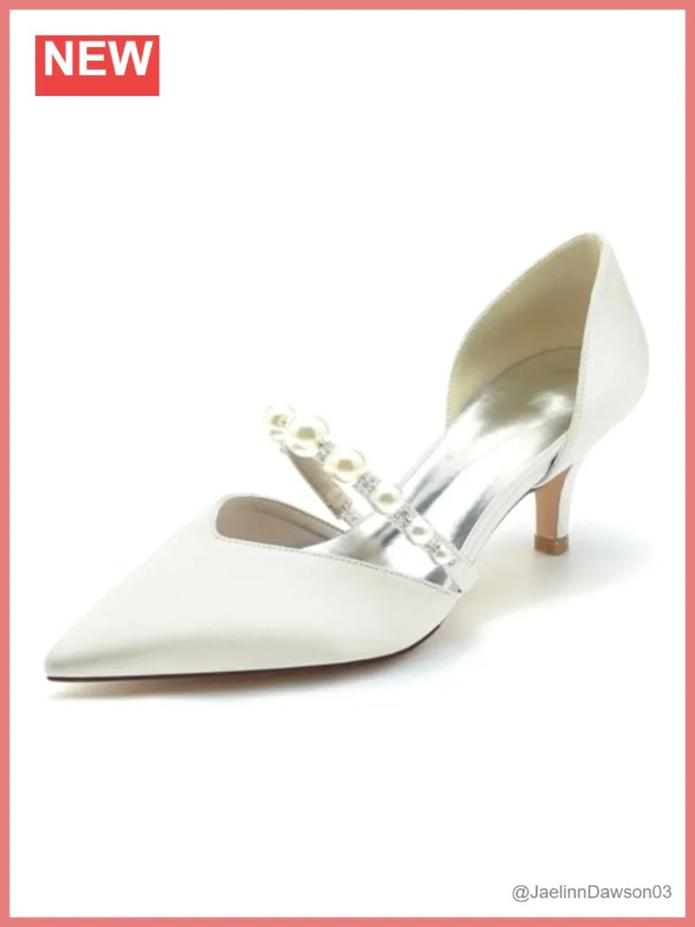Ivory Satin Pearl Pointed Toe Low Heel Wedding Shoes for Bride Bridal Pumps